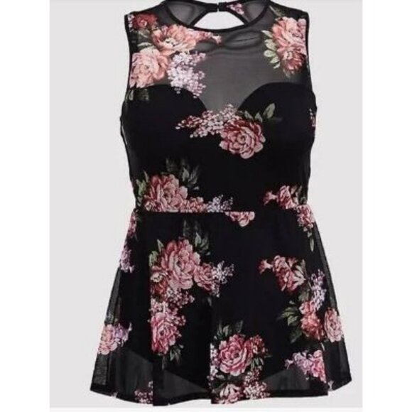 Floral Mesh Overlay One-Piece Swimsuit With Keyhole Back Pink & Black Women's Si - Picture 1 of 15